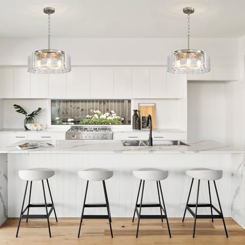 4 Light Glass Brushed Nickel Chandeliers for Dining Room 17.3" Round Modern Farmhouse Chandelier Drum Hanging Pendant Ceiling Light Fixture for Hallway Entryway Kitchen Island Foyer Bedroom