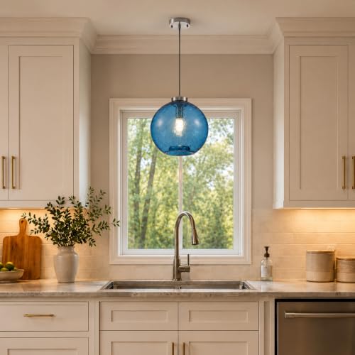 11.8" Coastal Blue Globe Seeded Glass Kitchen Island Pendant Light