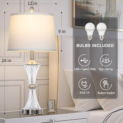 Crystal Glass Table Lamp with USB C+A Ports & AC Outlet