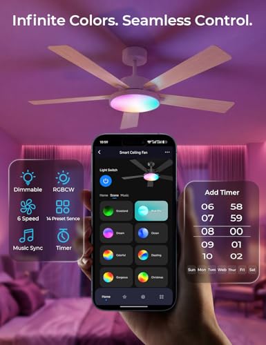 52" Smart Ceiling Fans with Lights and Remote (White +Log / 52 Inch)