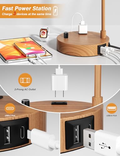 Wood Table Lamp for Bedroom with USB Port and Outlet
