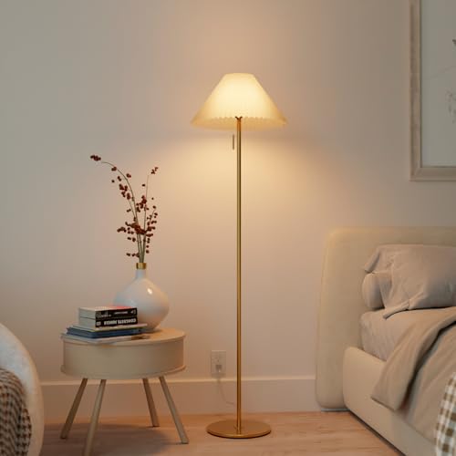 62" Brass Floor Lamp with Pleated Fabric Shade