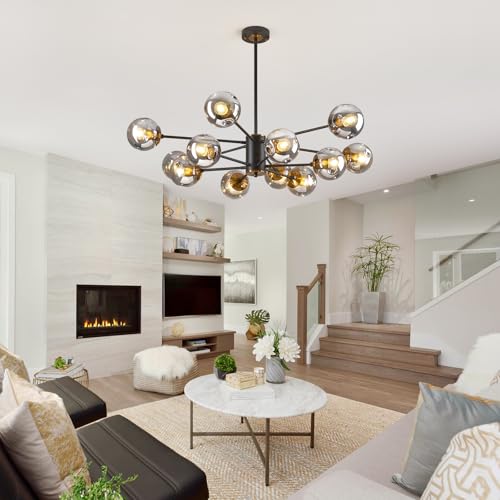 12 Globe Glass Bubble Black and Gold Modern 2 Tiered Sputnik Chandelier