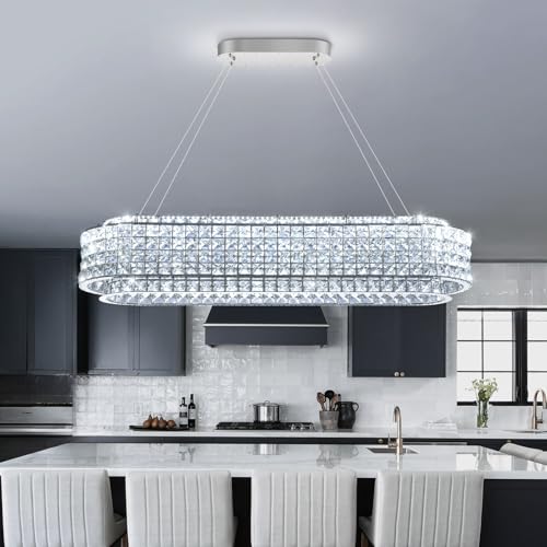 L40 x W12 Modern Chandeliers for Dining Room LED Dimmable Pendant Lighting Ceiling Chandelier Crystal Rectangle Light Fixtures Silver