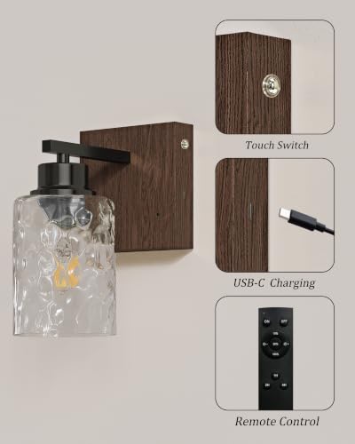 Hammered Glass Battery Operated Wall Sconces Set of Two Black & Walnut