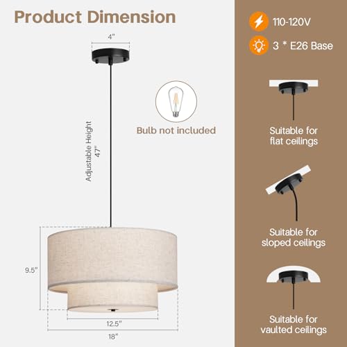 18" Modern Double Drum Fabric Pendant Light