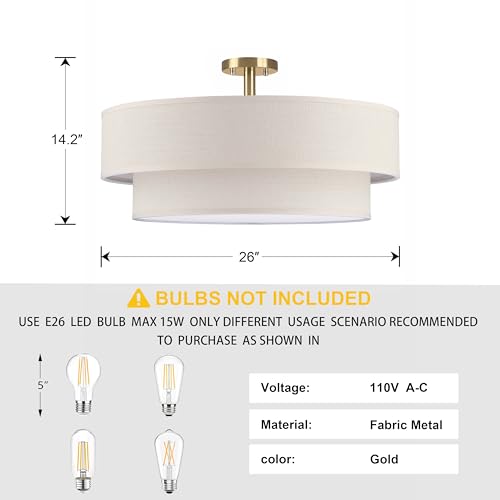 6 Light 26" Cream Fabric Gold Semi Flush Mount Close to Ceiling Light Fixture
