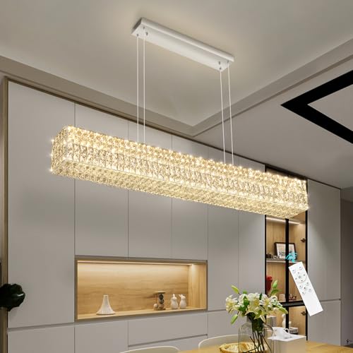 Rectangular Crystal Chandelier with Dimmable LED Lights Dining Room Remote Ceiling Pendants Lighting Fixtures for Kitchen Island Sliver