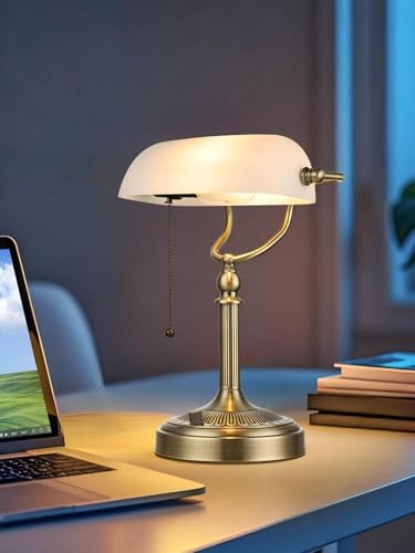White Matted Stepless Dimmable Glass Bankers Desk Lamp