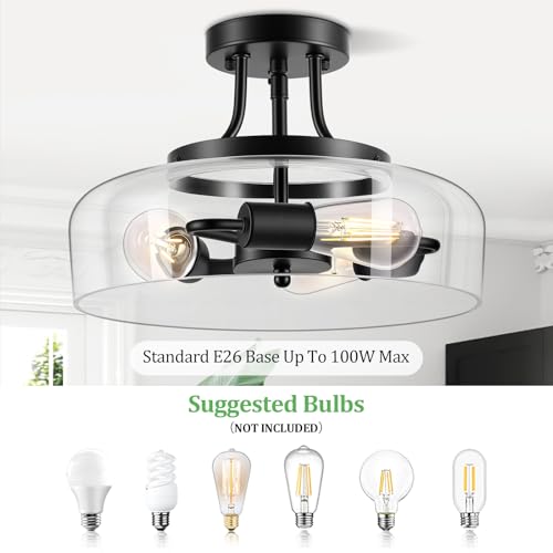 Modern Industrial Semi Flush Mount Ceiling Light with Clear Glass Shade