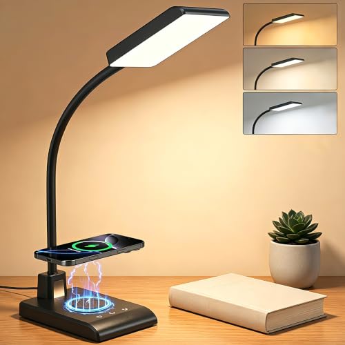 Desk Lamp with Wireless Charger and Night Light for Home Office (Glossy Black)