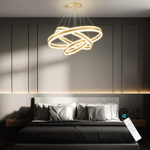 3 Rings Modern Chandelier for Dining Room Gold LED Dimmable Pendant Lightings for Kitchen Island Adjustable Height Flush Mount Ceiling Lighting for Living Room Foyer Hallways 3000K (3 Count)