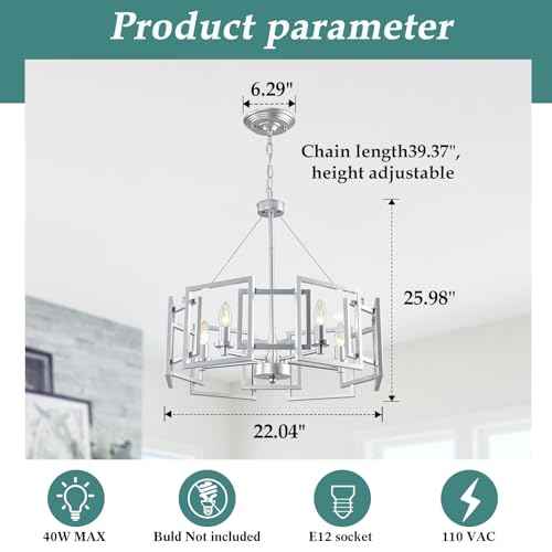 Modern Chandelier Chrome Geometric Pendant Lighting Fixture 5-Light Metal Farmhouse Chandelier for Dining Room Living Room entryway Kitchen Bedroom Island