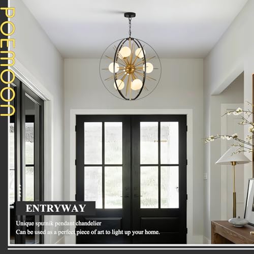 24" 9 Light Black Gold Sputnik Chandelier with Milk Glass Shade