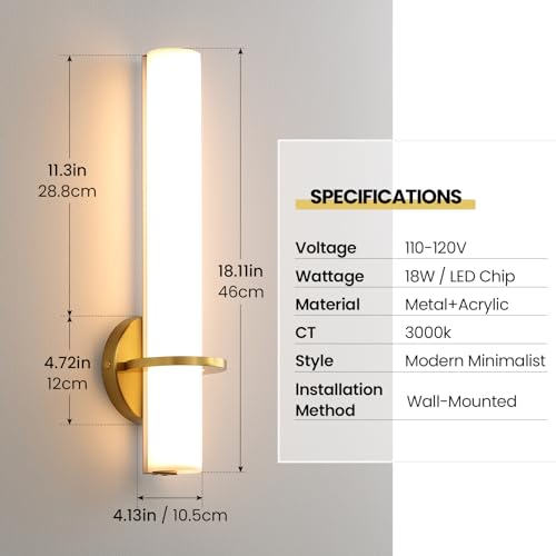 Hardwired Wall Sconces Set of Two 18 Inch Gold Bathroom Wall Sconces 18W 2700K (2 Count)