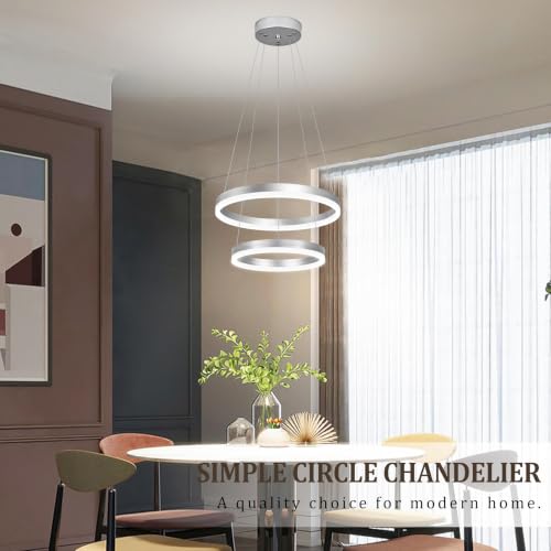 Modern Nickel Led Chandelier 2 Rings Dimmable LED Chandeliers with Remote Control Light Fixture for Kitchen Island Height Adjustable Chandelier Led Pendant Light for Living Room Dining Room