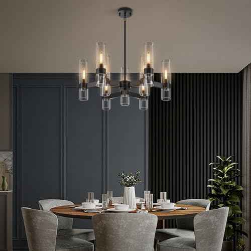9-Light Black Farmhouse Chandeliers for Dining Room Light Fixture 28" | Modern Chandelier Over Table with Clear Glass Cover for Living Room Kitchen Island Bedroom Foyer Hallway Bathroom Restaurant