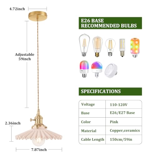 Pendant Light 2 Pack with Pink Pleated Ceramic Lmapshade (2 Count)