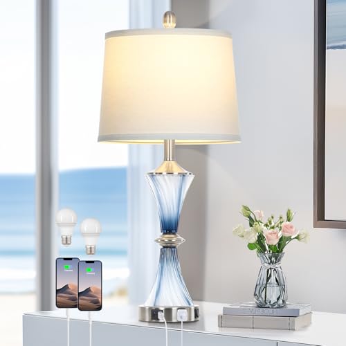 Blue Glass Table Lamp with USB C+A Ports & AC Outlet