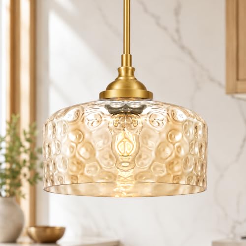 Gold Farmhouse Hammered Glass Kitchen Pendant Lighting Over Island