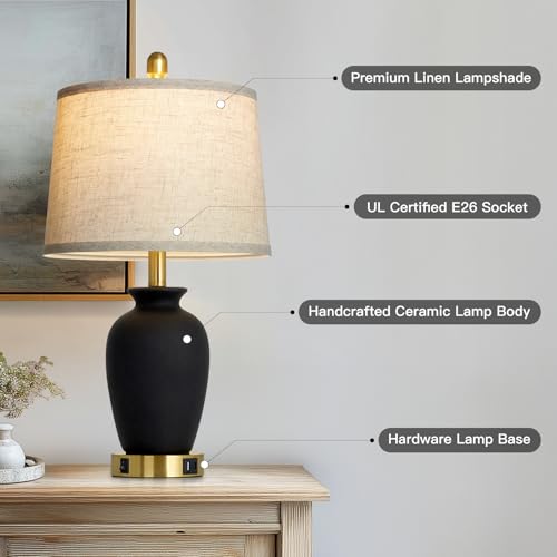 23" Set of 2 Black Ceramic Farmhouse Table Lamp with Ginger Jar Design (2 Count)