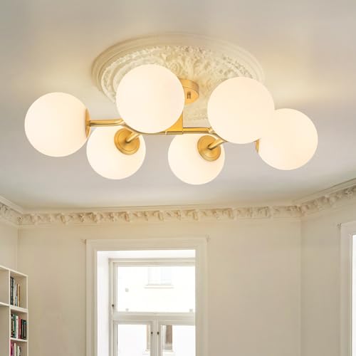 6 Light Semi Flush Mount Glass Ceiling Light Milk Globe