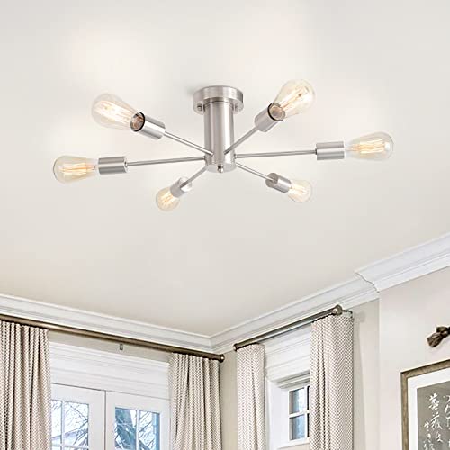 Kitchen Light Fixtures 6 Lights Ceiling Lights Fixture Nickel Modern Semi Flush Mount Lighting Sputnik Chandelier for Bedroom Dining Room Hallway