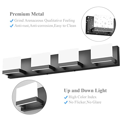 Dimmable Black LED Vanity Light for Bathroom Up and Down 4 Lights Black Modern Bathroom Wall Light Fixtures Over Mirror