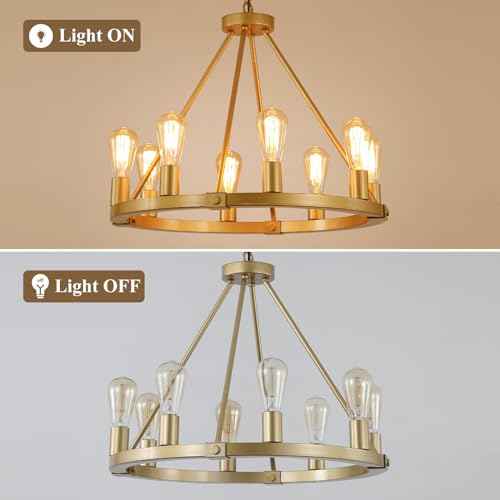 23.6“ 8 Lights Golden Wagon Wheel Chandelier, Large Luxury Kitchen Island Pendant Light for Living Dining Room Foyer Entryway,Height Adjustable,E26.
