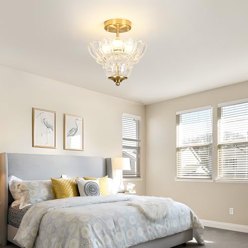Vintage Gold Semi Flush Mount Light with Floral Class Shade (Gold)