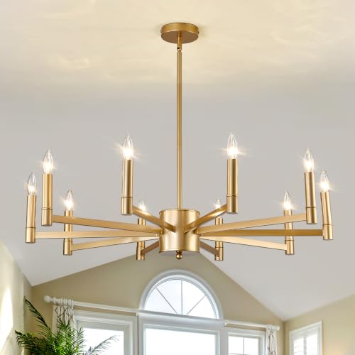 10 Light Gold Candle Chandeliers Modern Farmhouse Ceiling Light Fixture Industrial Lighting for Dining Room Living Room Bedroom Kitchen