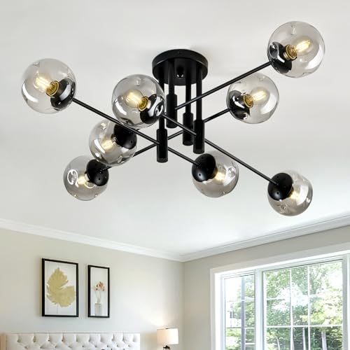8 Light Glass Globe Ceiling Light Black Mid Century Flush Mount Sputnik Light Fixture Bubble Chandelier Living Room Farmhouse for Dining Room Kitchen Bedroom