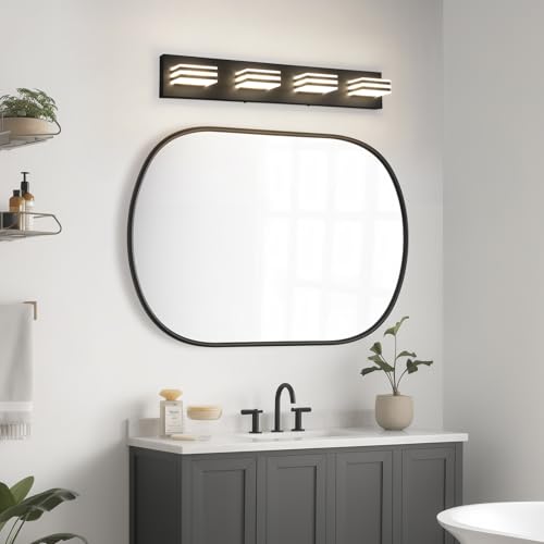 4 Light LED Black Vanity Lights for Bathroom Light Fixtures Adjust 3 Colors Modern Bath Lighing Over Mirror LED Vanity Light 27inch Acrylic Heads (4 Count)