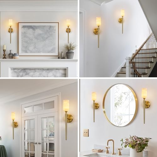 Natural Alabaster Wall Sconce Modern Gold Wall Light Bathroom Sconce Wall Decor Antique Marble Sconces Wall Lighting for Bedroom Living Room Entryway Hallway Staircase