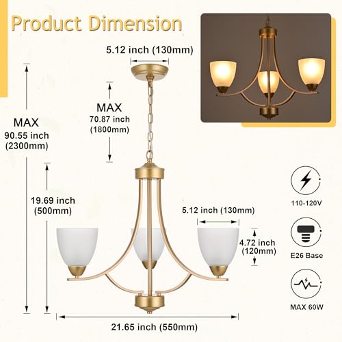 3 Light Retro Gold Finish Chandeliers with Alabaster Glass Shade
