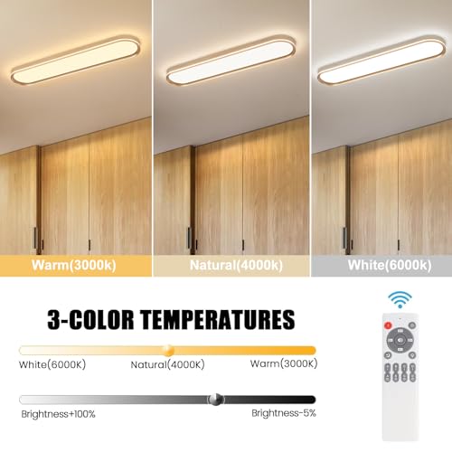 Modern LED Ceiling Light Dimmable Linear Ceiling Light 39.4in Semi Flush Mount Long Lights with Remote Control and Side Lighting for Living Room Kitchen Dining Room Gold