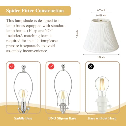 White Lamp Shade for Table Lamps with Pleated Linen Fabric and Spider Fitter 6.7''TopX 13'' Bottom X 10 ''High Replacement Lampshade for Bedside and Living Room Lamps