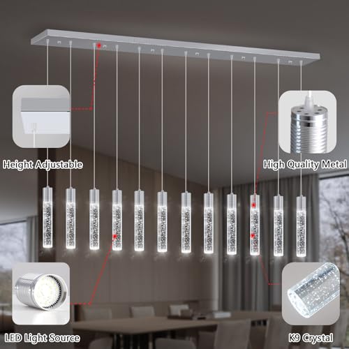 12 Lights Modern Crystal Chandeliers LED Pendant Light for Kitchen Island Dining Room Entrance Foyer Living Room Silver