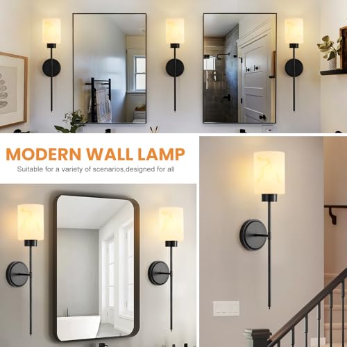 Black Wall Sconces Set of 2 with Marble Glass Shade
