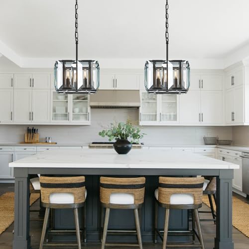Black Modern Crystal Chandeliers Rectangle Farmhouse Pendant Light Semi Flush Mount Ceiling Light Fixture for Bedroom Dining Room Kitchen Island Living Room Foyer Hallway