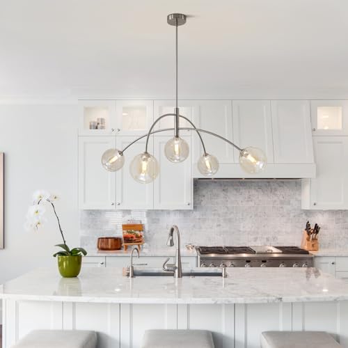 Mid Century Modern Sputnik Chandelier with Glass Globe Cognac Shade Adjustable 5 Light Silver Chandelier for Dining Room Kitchen Bedroom