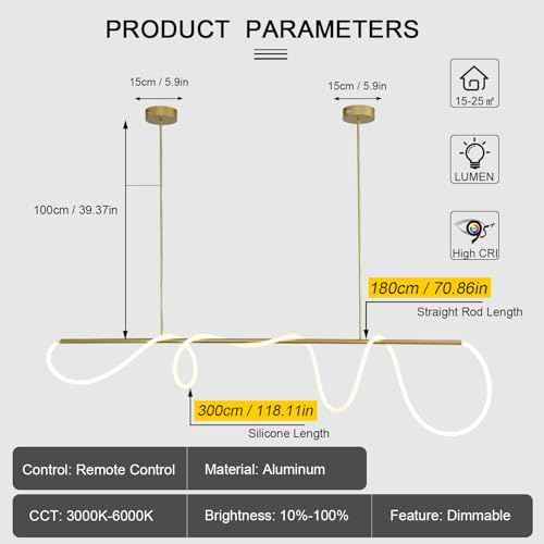 Gold Pendant Light Kitchen Island Lighting 70.86inch Dimmable Modern Dining Room Pendant Light Over Table 3-Color LED Ceiling Hanging Pendant Chandelier Light Fixture with Soft Silicone Lamp Strip