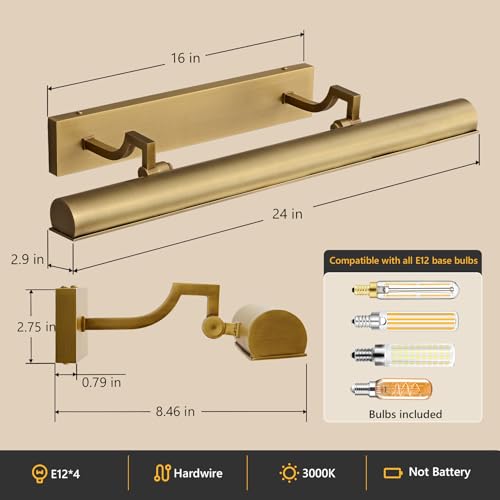 24 inch Hardwired Picture Light Brass Long Picture Light for Wall