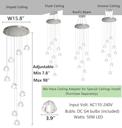 Glam Chandelier with LED Dimmable Bulbs Bubble Crystal Balls Glam Chandeliers High Ceiling Pendants Light Fixtures Adjustable Long Lights Brushed Nickel