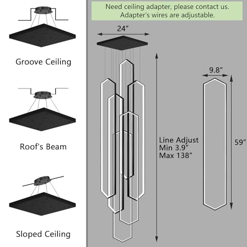 6 Rings Black Modern Long Large Chandelier Dimmable LED High Ceiling Chandelier for Living Room Foyer Staircase Enterway Hanging Light Fixture Modern Ceiling Light