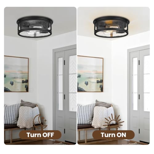 Farmhouse Black Flush Mount Ceiling Light Fixtures with Seeded Glass (Black)