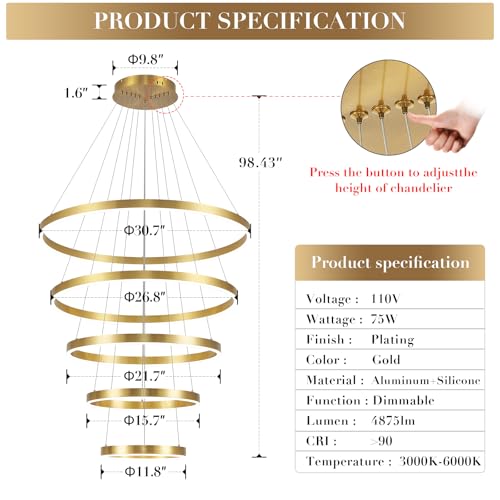 Gold Modern LED Chandeliers 5 Rings Chandelier for High Ceiling 31" Large Foyer Chandelier Entryway Dimmable Pendant Light Fixture for Living Room Staircase (5 Count)