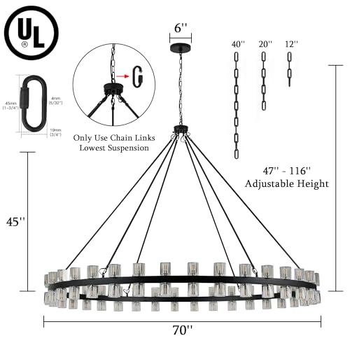 70 Inch Black Wagon Wheel Chandelier with Crystal Shade