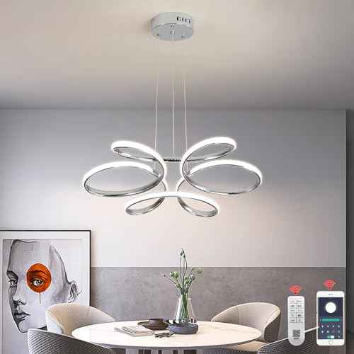 23 inch Modern Chandelier for Dining Room, Kitchen Chandelier & Entryway, Dimmable LED Pendant Light with Adjustable Height, 32W for Hallway, Living Room, Bedroom (Chrome M)