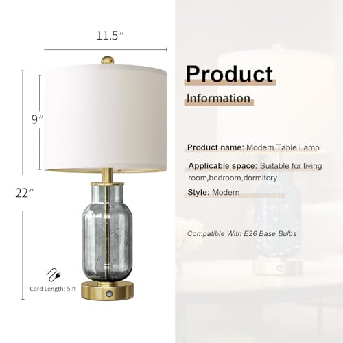 22" Glass Table Lamps Set of 2 with LED Nightlight for Bedroom (2 Count)